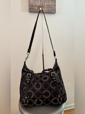 Coach Signature Op Art Black Gray Convertible Shoulder Bag